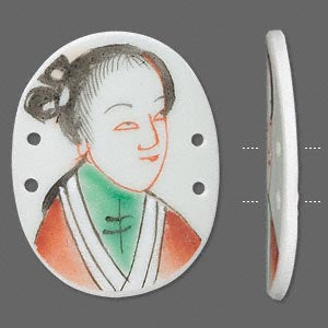 Porcelain focal component, flat oval, lady, approx. 34x40mm. Pkg of 2