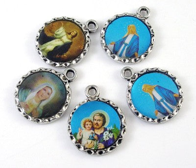 Antique Silver Charms, Round, Religious, 6 assorted pcs