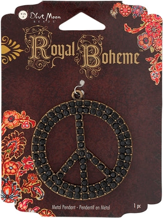 Royal Boheme - Black Peace Sign Metal Pendant, with black stones, 45mm, 1pc