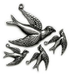 Lost & Found - Swoop Fancy Birds Antique Silver Charms 4/Pkg
