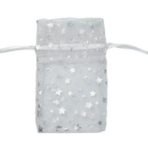 Organza Drawstring Bags, White with Silver Stars 12 pcs