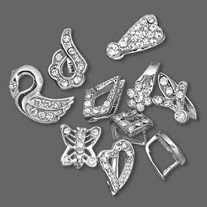 Brass imitation rhodium plated, Bails, Egyptian crystal and lead-safe, clear, assorted, 10pcs