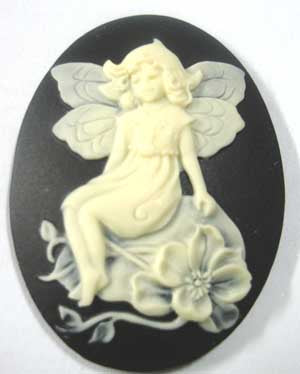 Resin, Fairy and Clematis Flower 3D Cameo, Black and Ivory, 40 x 30mm. 1pc