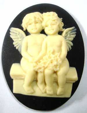 Resin, Two Angels (Cherubs) Black and Ivory 3D Cameo, 40 x 30mm, 1pc