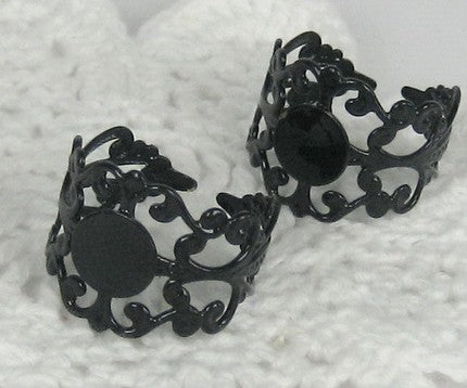 Ring Cuff, Black plated, filigree design, pad 8mm, 10pc
