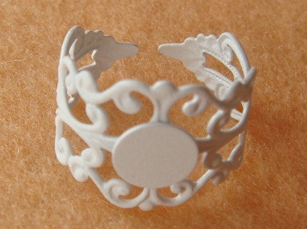 Ring Cuff, White plated, filigree design, pad 8mm, 10pc