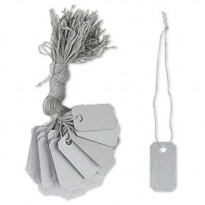 Jewellery string tag, silver, silver string, 13x25mm. Pkg of 100.