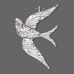 Antique silver-plated pewter, 39x26mm single-sided swallow in flight with feathers. 4pcs
