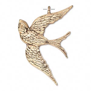 Antiqued gold plated pewter, 39x26mm single-sided swallow in flight with feathers. 4pcs