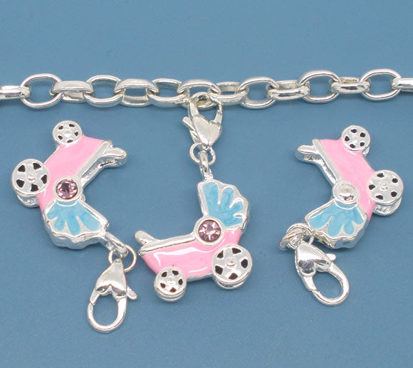 Clip on charm, Pram, silver plated, rhinestone purple, enamel pink, 25 x 6mm, 1pc