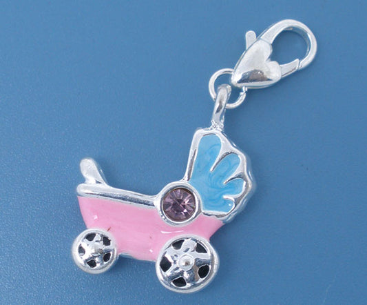 Clip on charm, Pram, silver plated, rhinestone purple, enamel pink, 25 x 6mm, 1pc