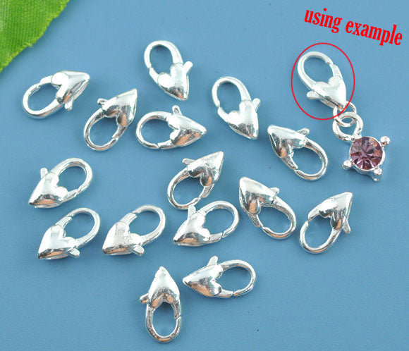 Silver Plated Lobster Clasp Heart design, 12 x 7mm, 30pcs