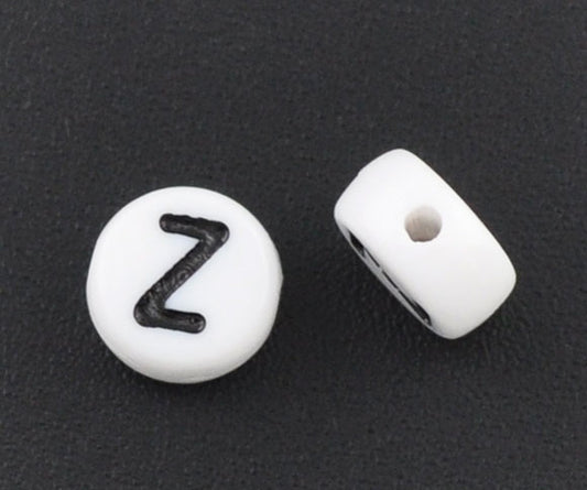 Acrylic White Alphabet/Letter "Z", Coin Spacer Beads, 7mm, 10 pcs