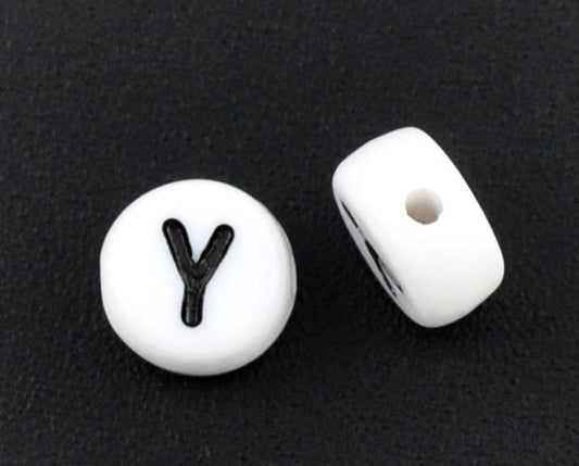 Acrylic White Alphabet/Letter "Y", Coin Spacer Beads, 7mm, 10 pcs