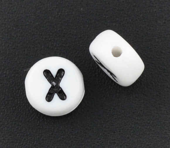 Acrylic White Alphabet/Letter "X", Coin Spacer Beads, 7mm, 10 pcs