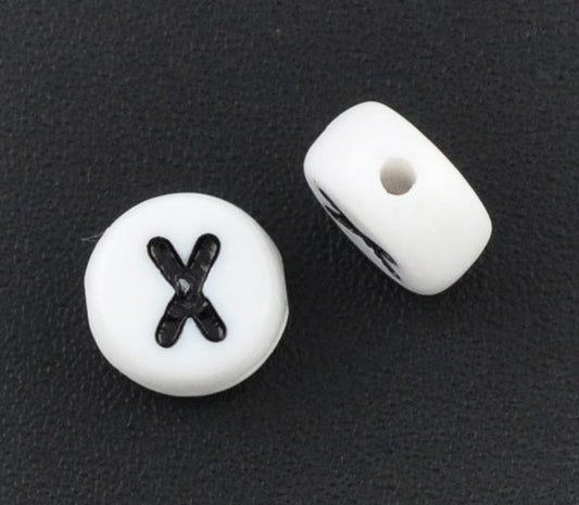 Acrylic White Alphabet/Letter "X", Coin Spacer Beads, 7mm, 10 pcs