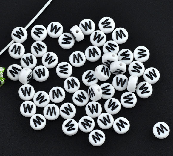 Acrylic White Alphabet/Letter "W" Coin Spacer Beads, 7mm, 10 pcs