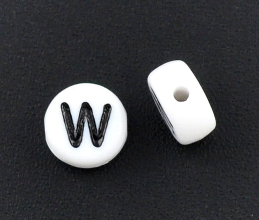 Acrylic White Alphabet/Letter "W" Coin Spacer Beads, 7mm, 10 pcs