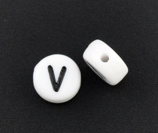 Acrylic White Alphabet/Letter "V" Coin Spacer Beads, 7mm, 10 pcs