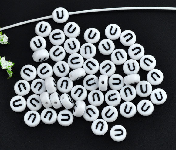 Acrylic White Alphabet/Letter "U" Coin Spacer Beads, 7mm, 10 pcs
