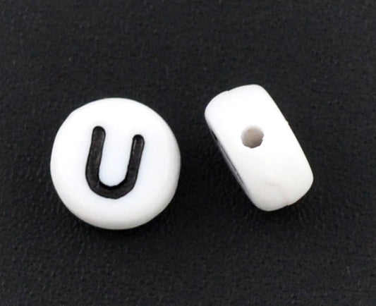 Acrylic White Alphabet/Letter "U" Coin Spacer Beads, 7mm, 10 pcs