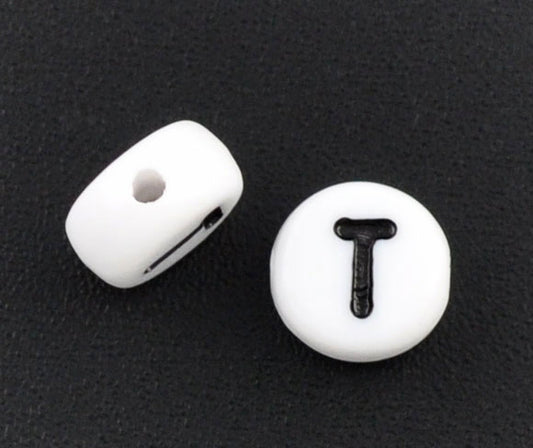 Acrylic White Alphabet/Letter "T" Coin Spacer Beads, 7mm, 10 pcs