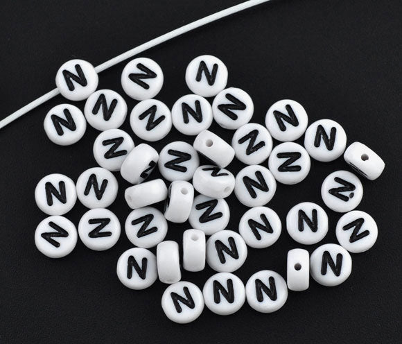 Acrylic White Alphabet/Letter "N" Coin Spacer Beads, 7mm, 10 pcs