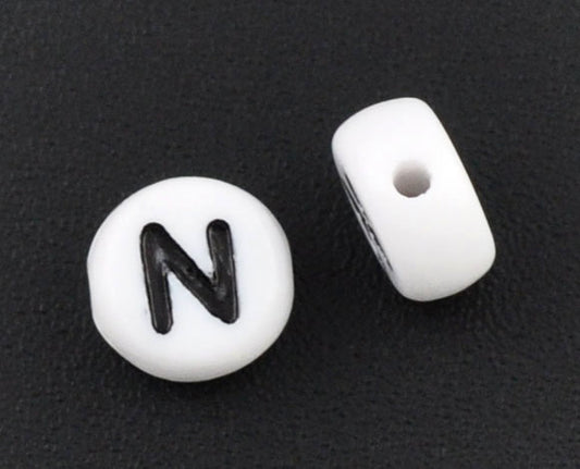 Acrylic White Alphabet/Letter "N" Coin Spacer Beads, 7mm, 10 pcs