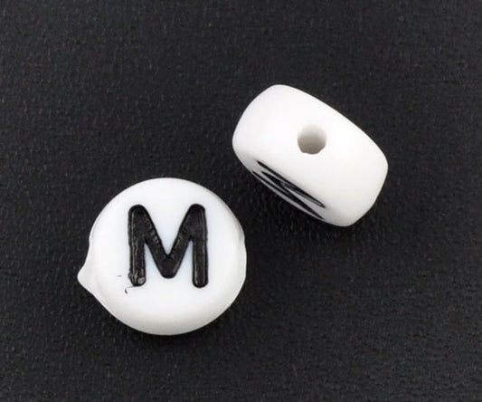 Acrylic White Alphabet/Letter "M" Coin Spacer Beads, 7mm, 10 pcs