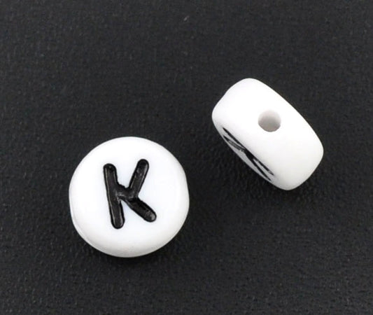 Acrylic White Alphabet/Letter "K" Coin Spacer Beads, 7mm, 10 pcs