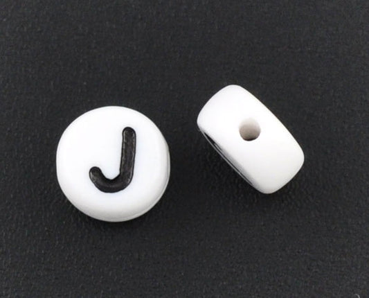 Acrylic White Alphabet/Letter "J" Coin Spacer Beads, 7mm, 10 pcs