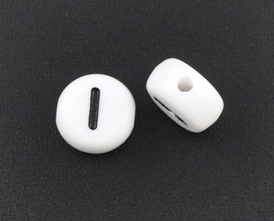 Acrylic White Alphabet/Letter "I" Coin Spacer Beads, 7mm, 10 pcs