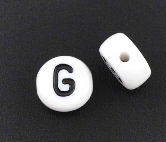 Acrylic White Alphabet/Letter "G" Coin Spacer Beads, 7mm, 10 pcs
