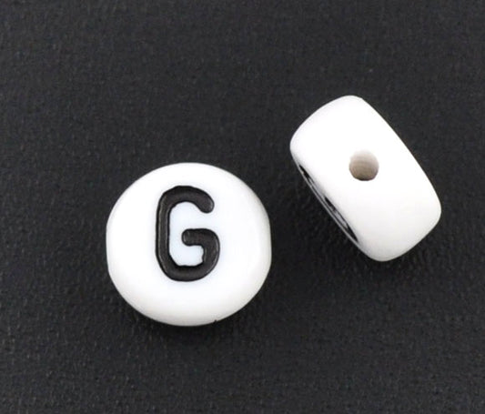 Acrylic White Alphabet/Letter "G" Coin Spacer Beads, 7mm, 10 pcs