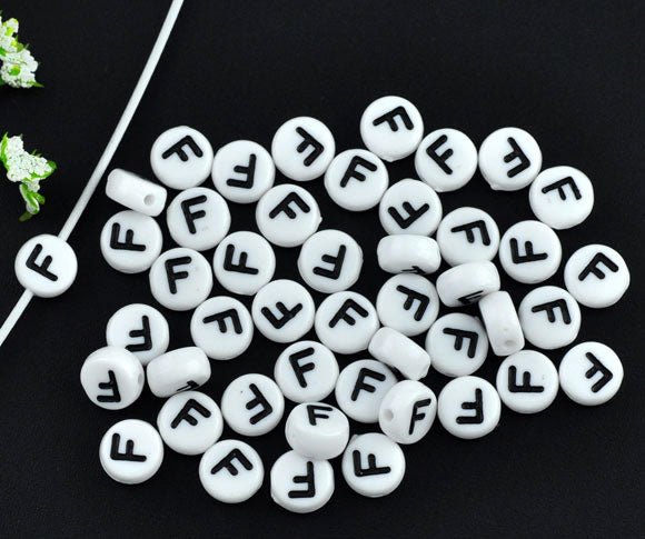 Acrylic White Alphabet/Letter "F" Coin Spacer Beads, 7mm, 10 pcs