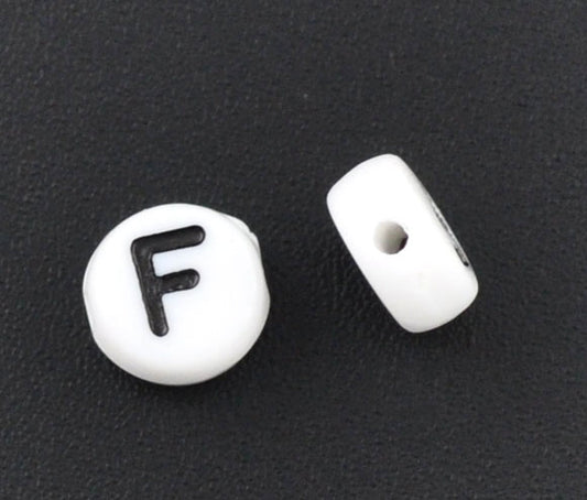 Acrylic White Alphabet/Letter "F" Coin Spacer Beads, 7mm, 10 pcs