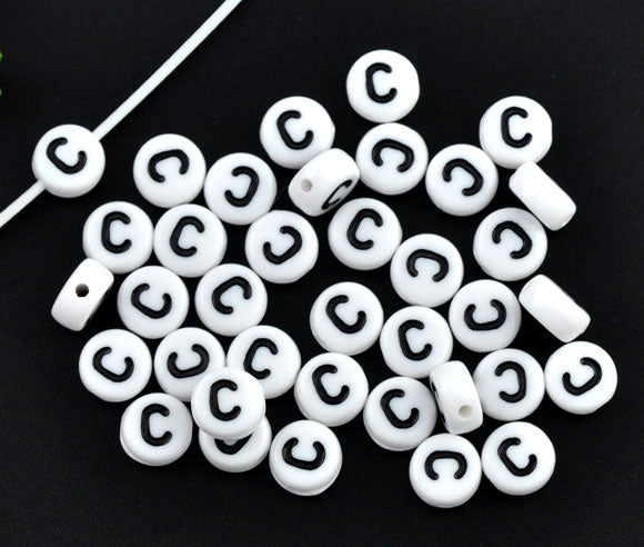 Acrylic White Alphabet/Letter "C" Spacer Beads, 7mm, 10 pcs