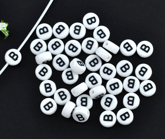 Acrylic White Alphabet/Letter "B" Spacer Beads, 7mm, 10 pcs