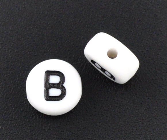 Acrylic White Alphabet/Letter "B" Spacer Beads, 7mm, 10 pcs