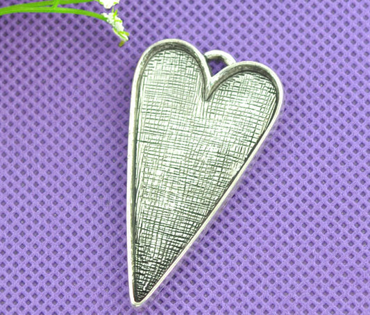 Antique Silver, Pendants, heart shape, Blank Casing, 53x30mm. 5pcs