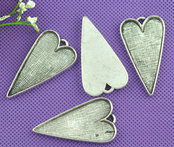 Antique Silver, Pendants, heart shape, Blank Casing, 53x30mm. 5pcs