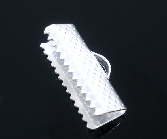 Ribbon Crimp Ends, silver plated textured finish, 16x7mm. 100pcs