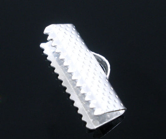 Ribbon Crimp Ends, silver plated textured finish, 16x7mm. 100pcs