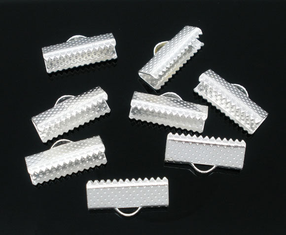 Ribbon Crimp Ends, silver plated textured finish, 16x7mm. 100pcs