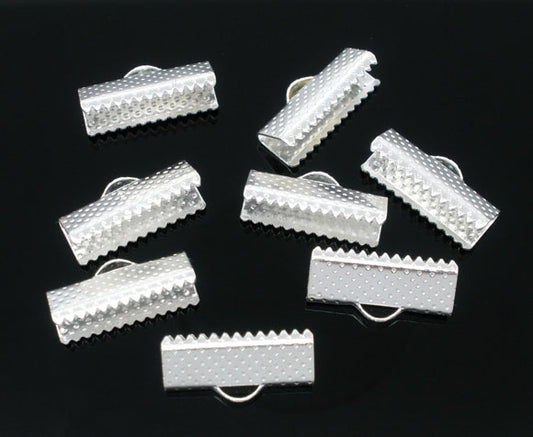 Ribbon Crimp Ends, silver plated textured finish, 16x7mm. 100pcs