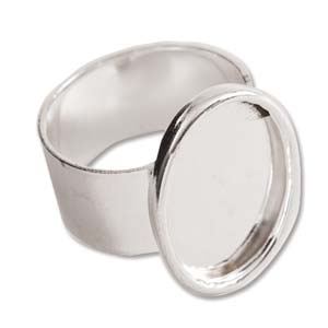 Ring Adjustable, blank casing, 13 x 18mm, oval, Bright Silver, 1 pc