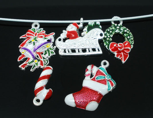 Silver Plated Enamel Christmas Mixed Charms,10pcs