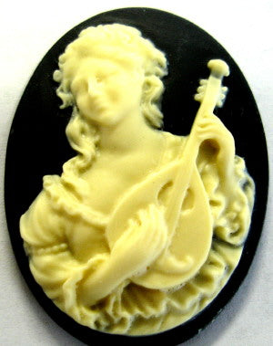 Resin, Lady Music, Ivory on Black 3d Cameo,  40 x 30 mm, 1 pc