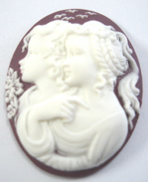 Resin, Two Pretty Girls (white) on Burgandy3D Cameo, 40 x 30mm, 1pc