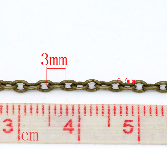 Antique Bronze, Lined Links-Opened Chains, 2x3mm 10 metres